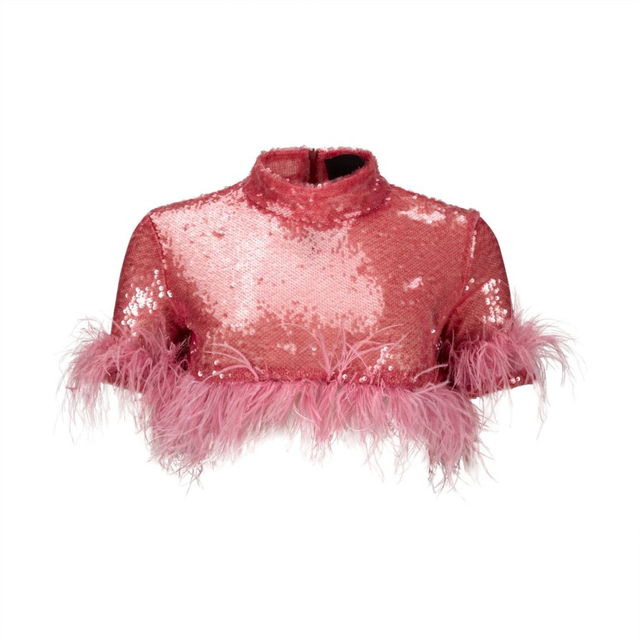 Women Gonçalo Peixoto | Pink Sequins T-Shirt W/Feathers