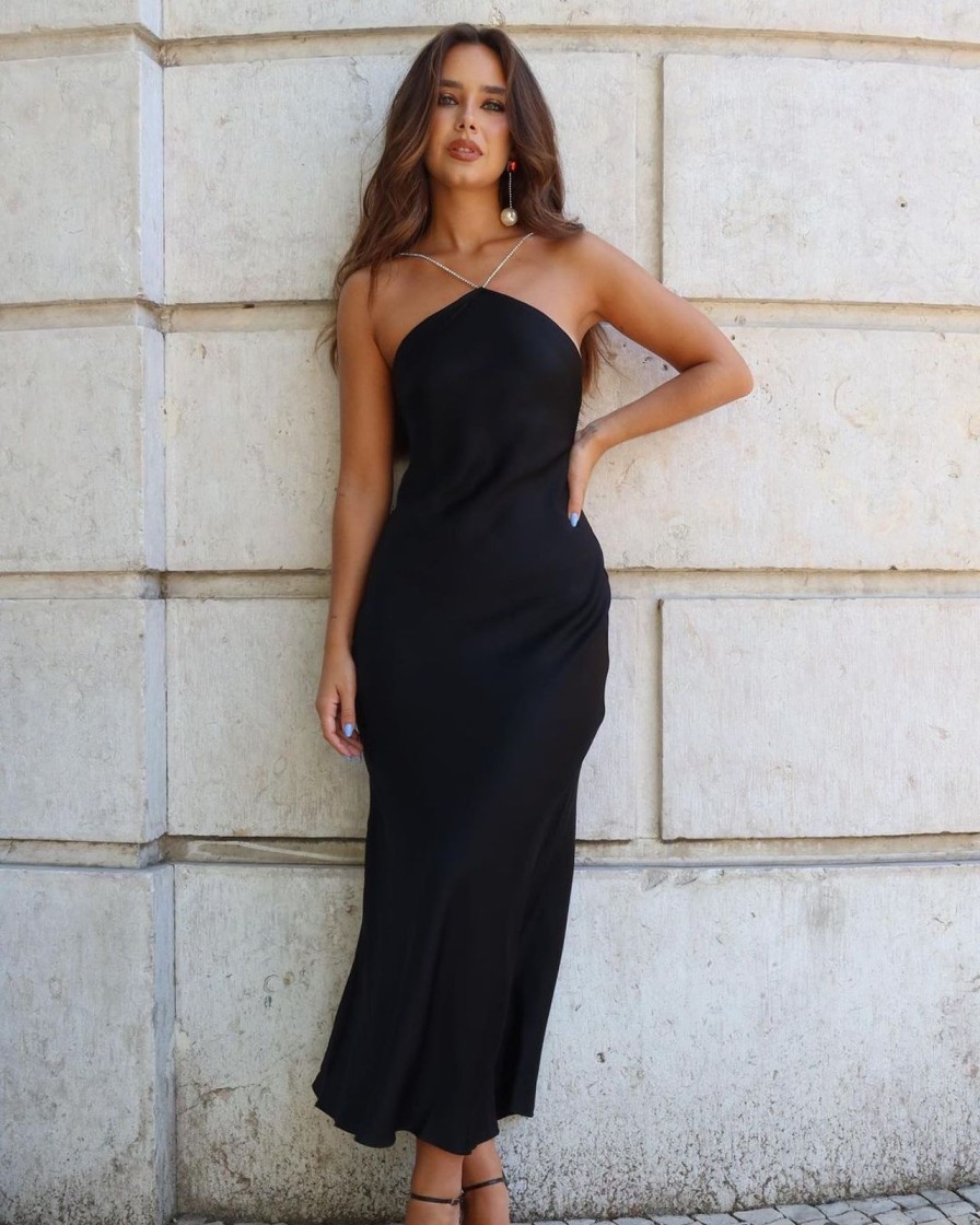 Women Gonçalo Peixoto | Black Midi Dress W/Rhinestone Straps